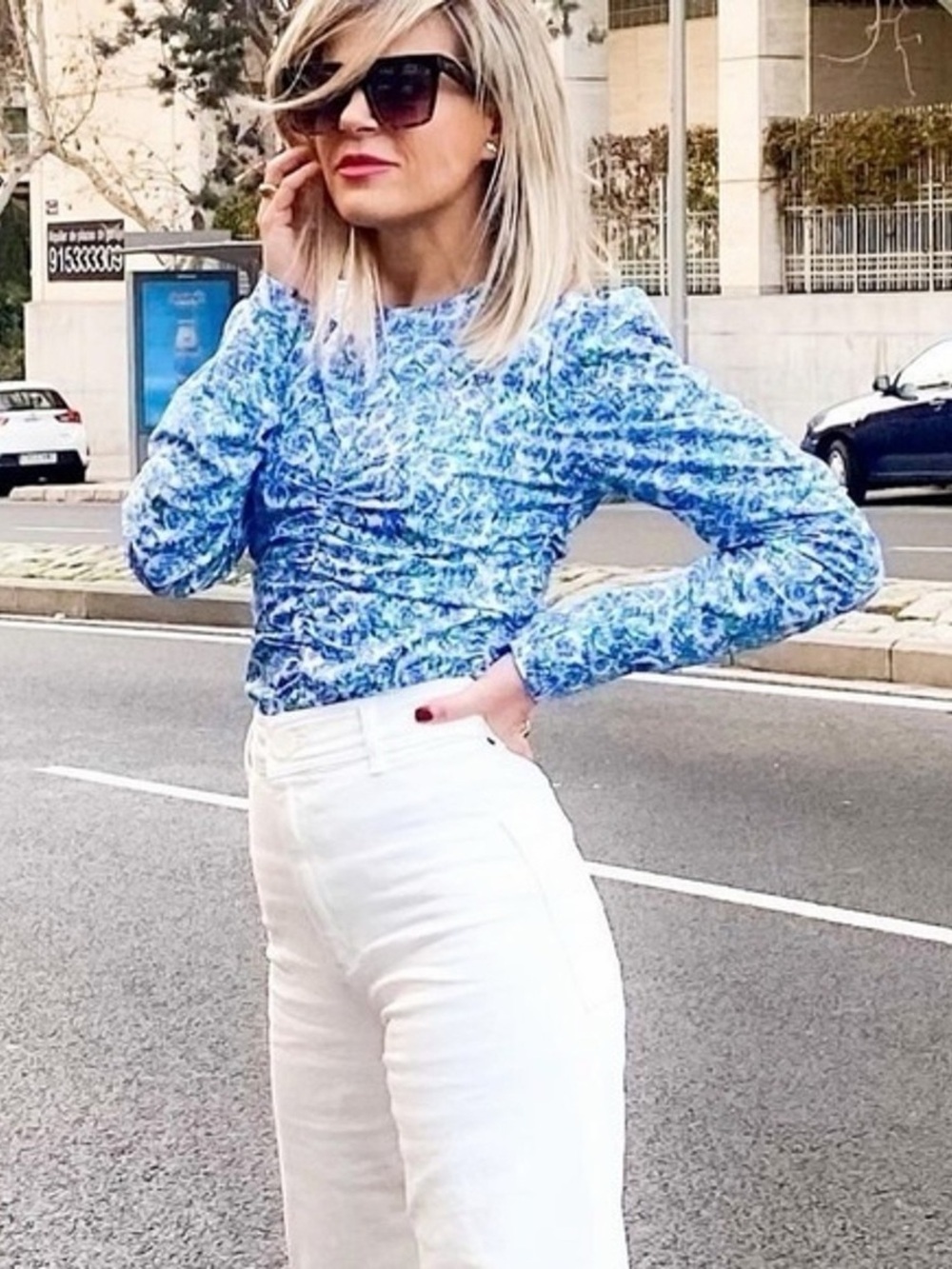 Zara Blue Floral Long-Sleeve Women's Top